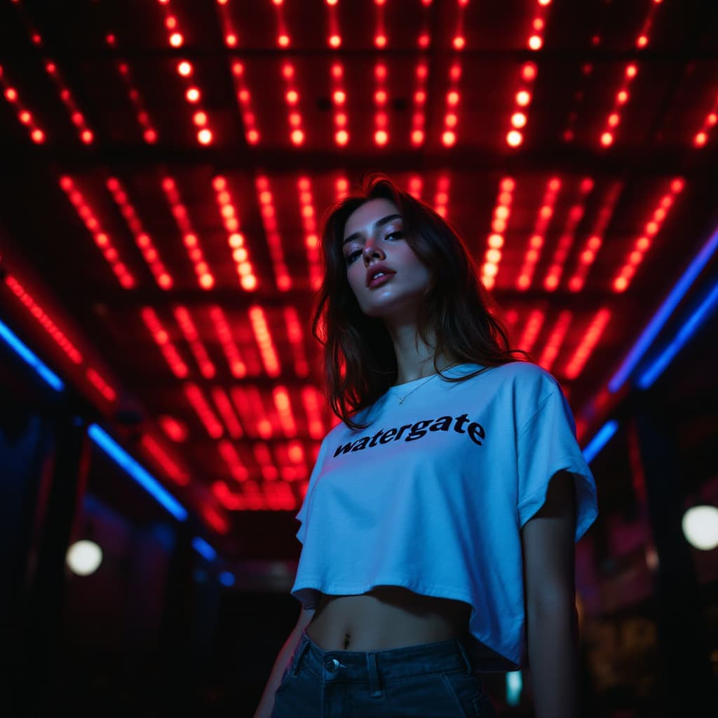 AI generated: cinematic, moody image, featuring attractive woman, 
 white cropped tshirt, in front of Watergate, c...
