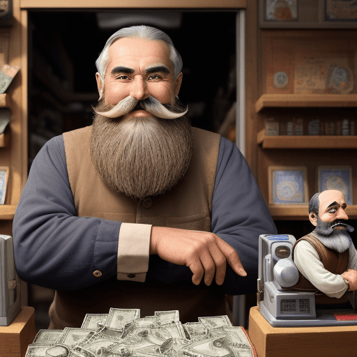 AI generated: an old toy seller with a big mustache and a beard on his face stands behind the cash register and sm...