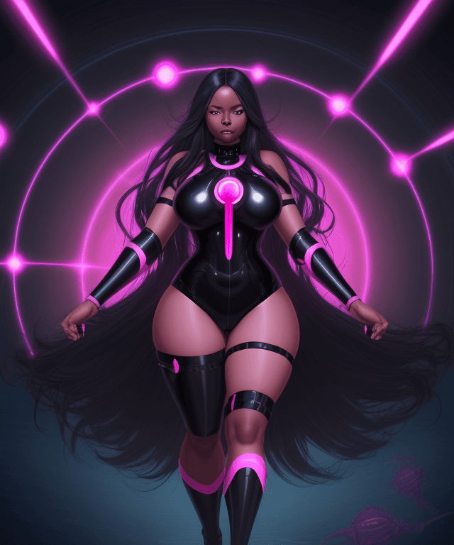 AI generated: woman, hypnosis, high tech, dark skin, thick thighs, evil, deep sea, bright pink, long black hair