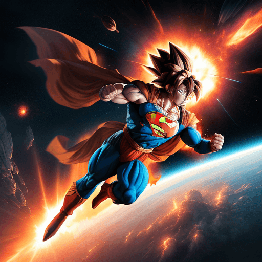 AI generated: "Generate highly detailed image: Goku (Super Saiyan 3) fighting Superman in space, Earth explodes in...