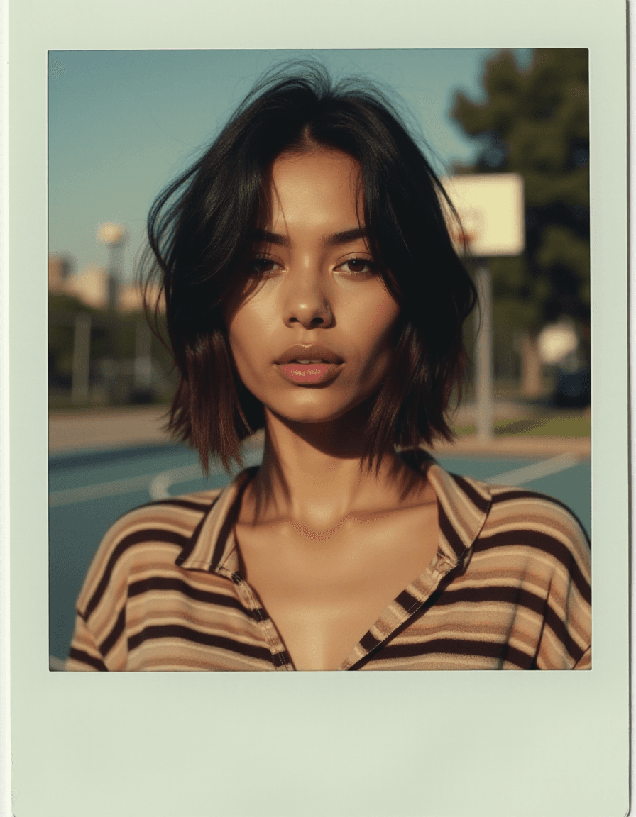 AI generated: polaroid close up on face photo of a 24-year-old Mizo-Lebanese female exotic beauty with a warm and ...