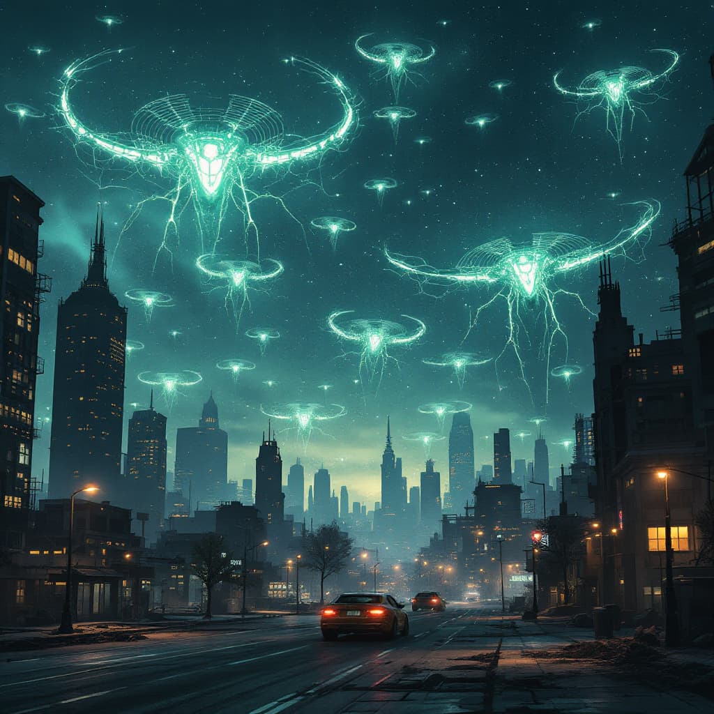 AI generated: Swarming invasion of the night sky: a legion of eerie, glowing alien drones descend upon a desolate,...