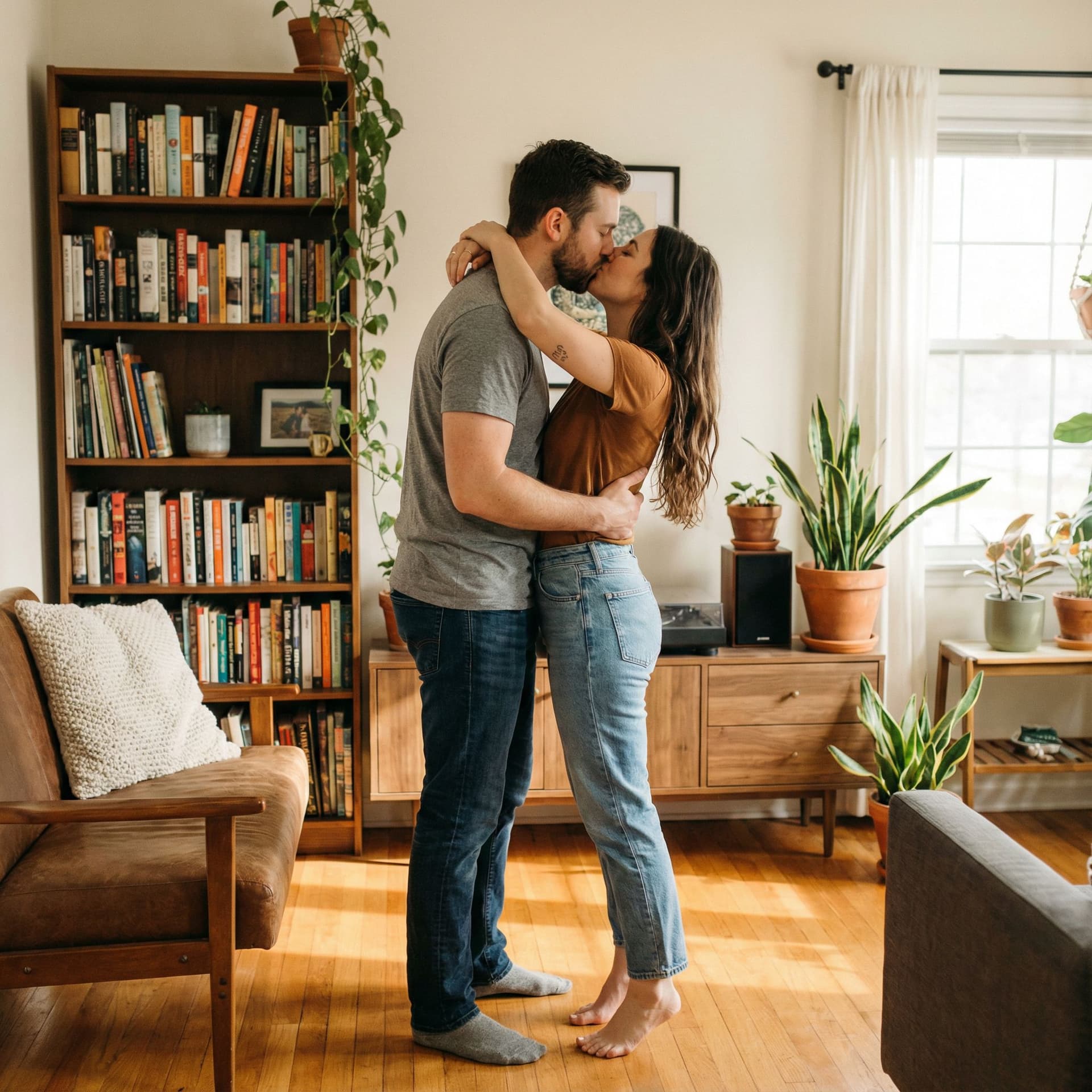 AI generated: French kiss, full body, indoor