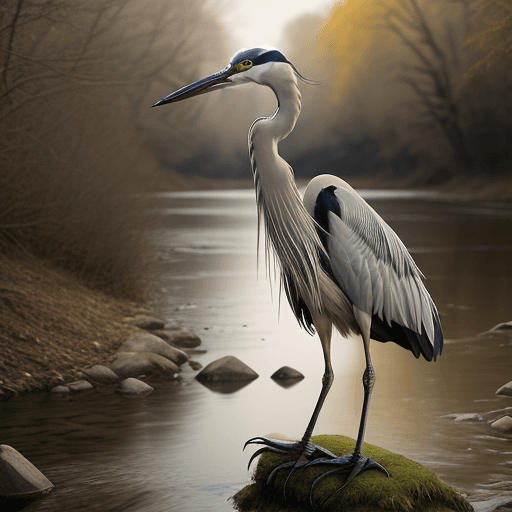 AI generated: T-shirt graphics, outdoors, river, heron, --v 4