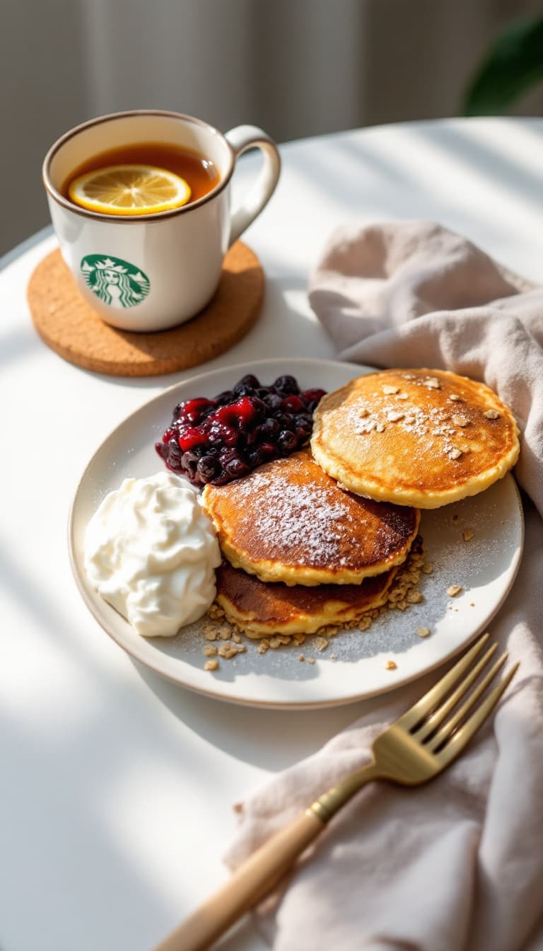 AI generated: A beautifully plated breakfast on a white table, featuring fluffy golden oatmeal pancakes dusted wit...