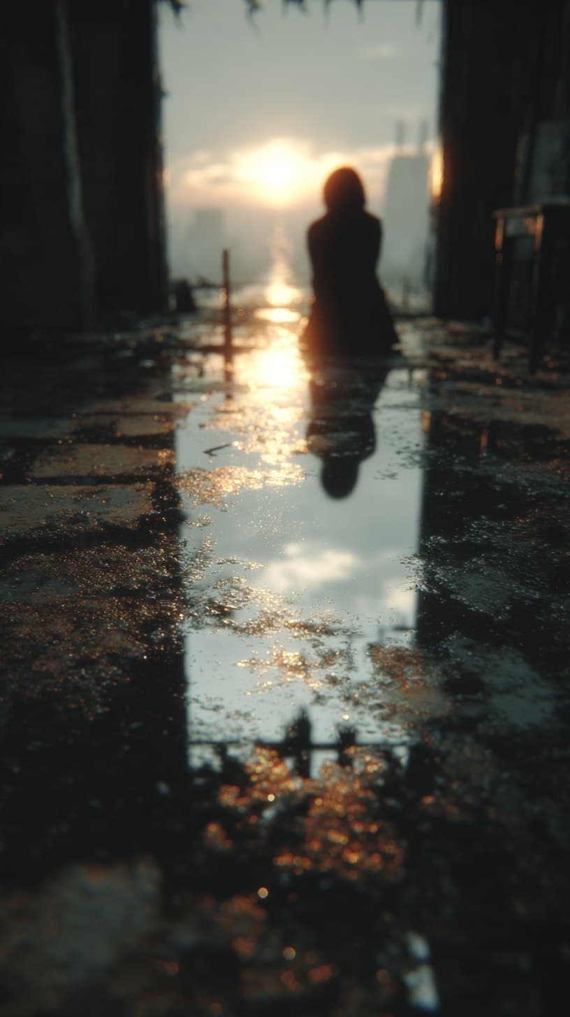 AI generated: A realistic photograph of a person sitting on the ground, facing a window with a bright golden hour ...
