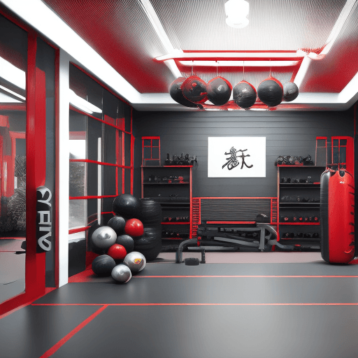AI generated: architecture, martial arts gym, reception, red, white, golden and black colours, photorealistic, hig...