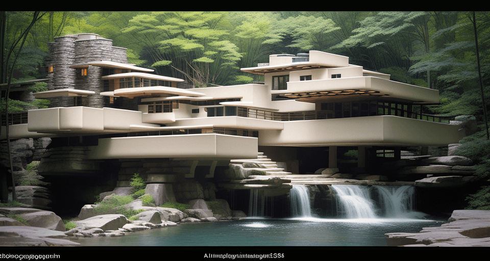 AI generated: A photography showcase of Fallingwater, the iconic architecture by Frank Lloyd Wright located in Mil...