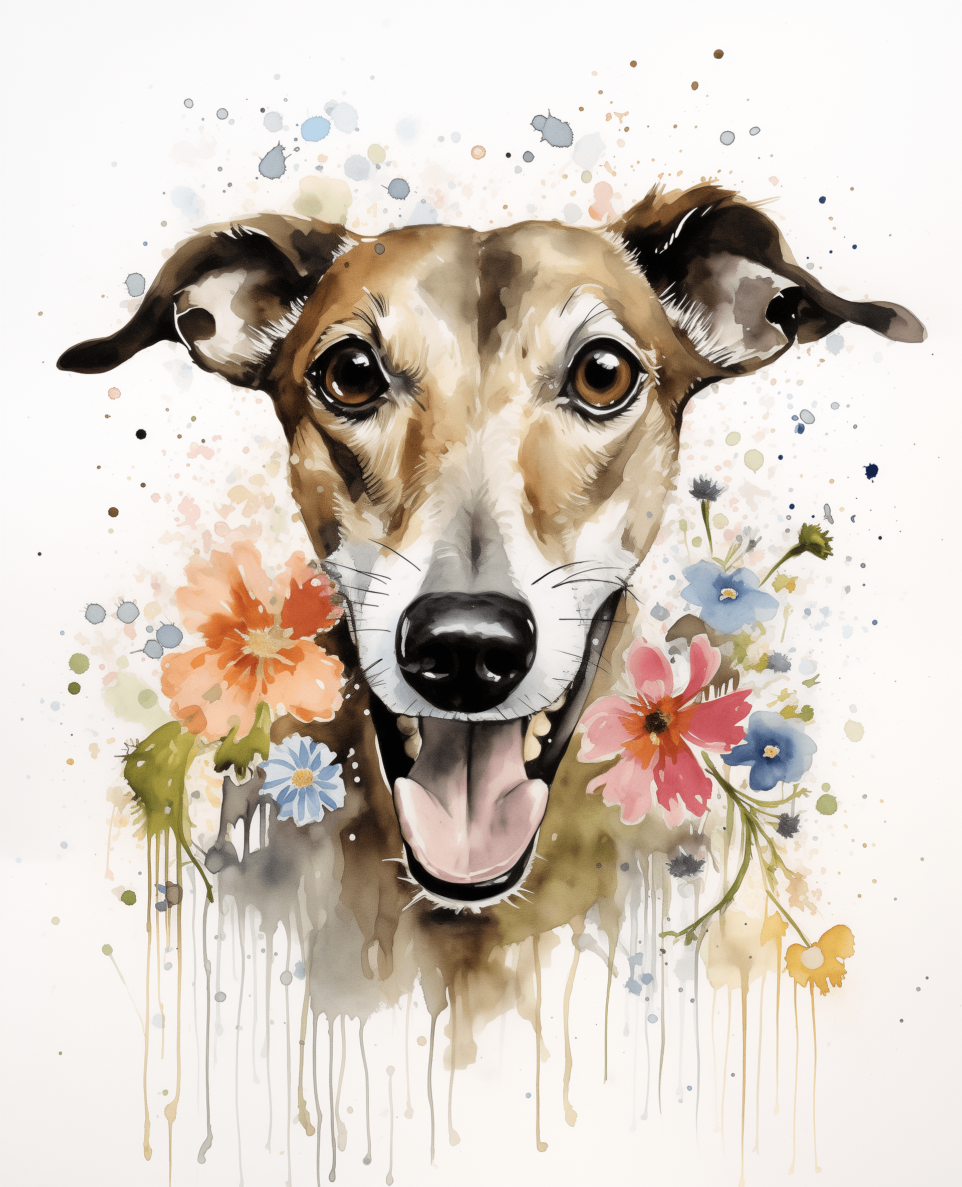 AI generated: Watercolour painting of an elegant greyhound holding a small floral bouquet in its mouth, with dripp...