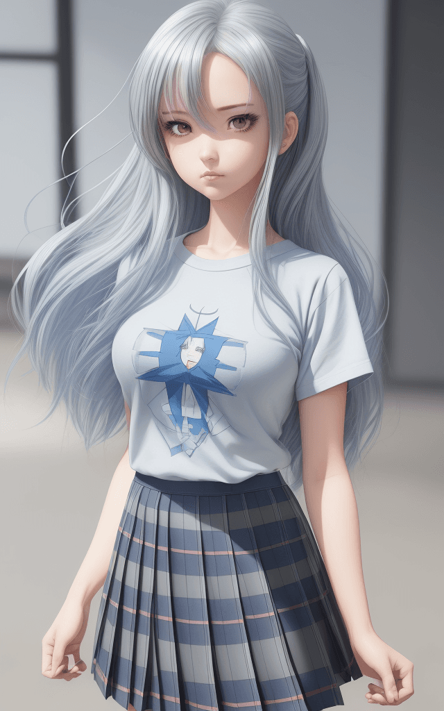 AI generated: Cute girl in plaid skirt showing her hair and shirt, in the style of anime aesthetic, silver and blu...