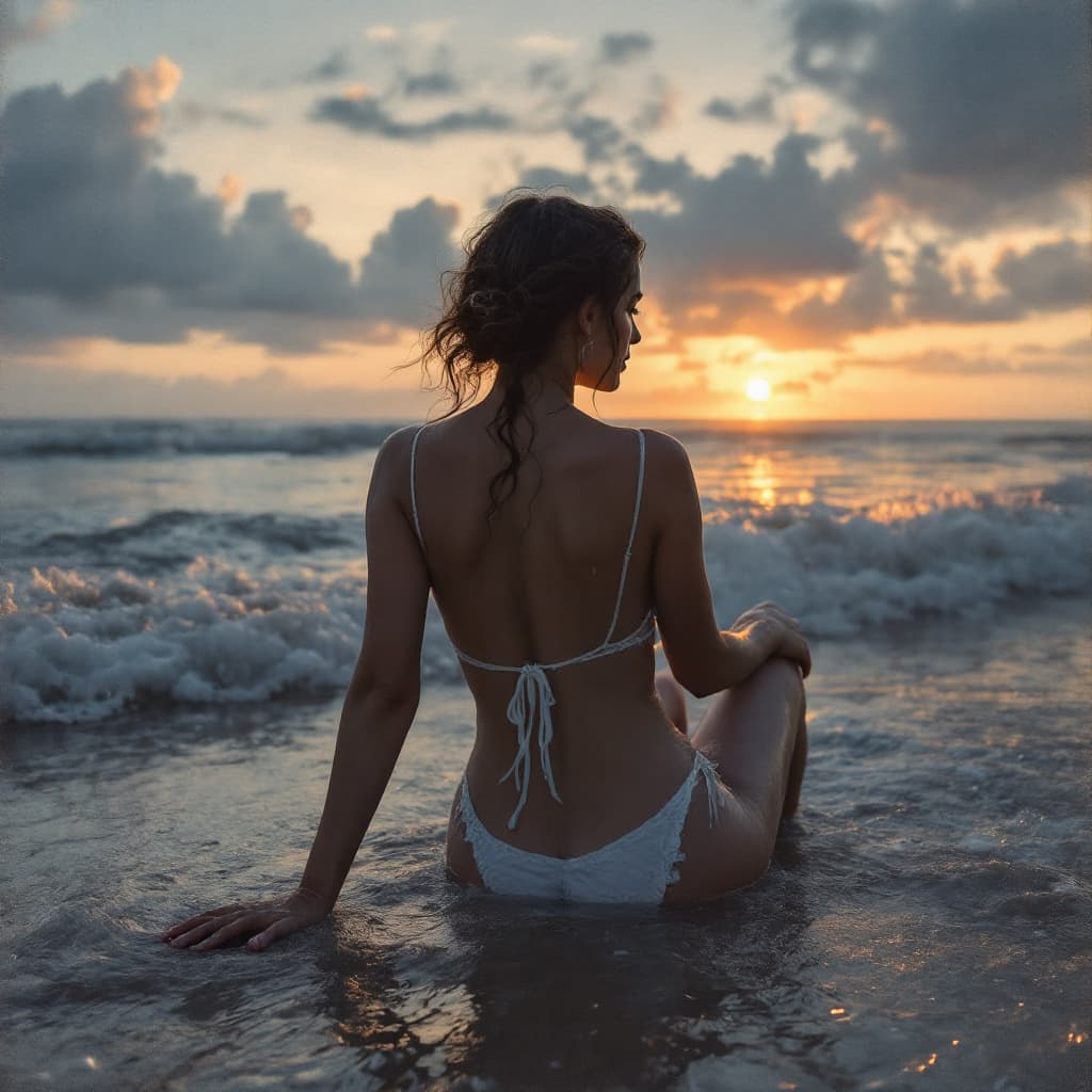 AI generated: Young curvy woman bathing on the beach at dusk reminiscent of Claude zMonet