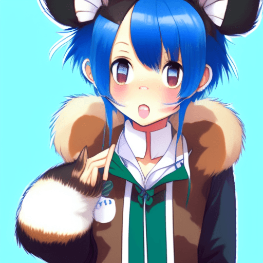AI generated: Tanuki girl, Michiru Kagemori, animal ears, pixie cut blue hair, brown furry skin, bushy tail, black...