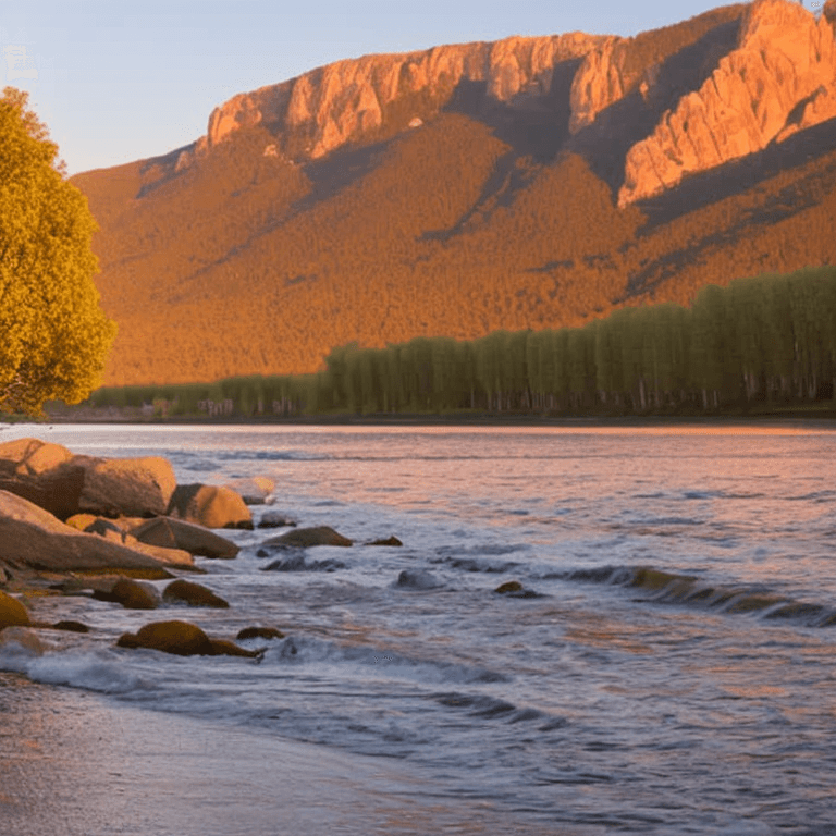 AI generated: oil on canvas, small clouds, 
smooth beach, willow tree, small rocks, 
beautiful setting, early even...