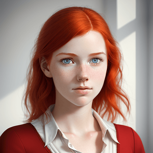 AI generated: Hyper realistic portrait of high school student, nordic, red hair, very detailed, she wears a classi...