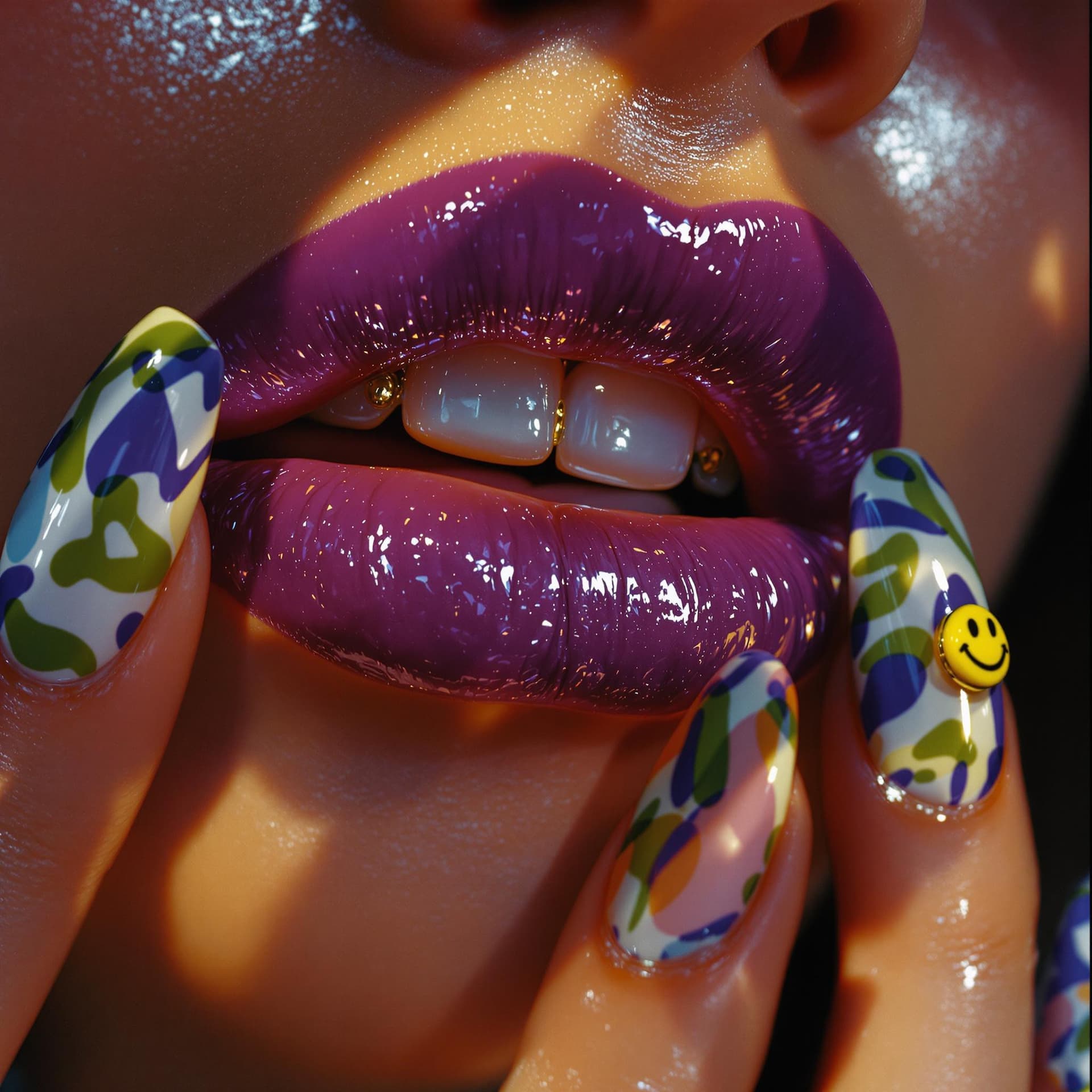 AI generated: close-up photograph of glossy purple, full lips slightly parted and twisted, revealing teeth with a ...