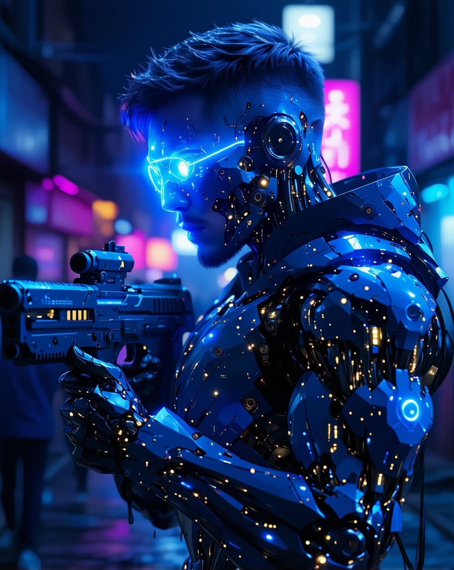 AI generated: A futuristic cyberpunk rebel, half-human, half-machine. His left side is still flesh, but his right ...