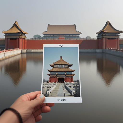 AI generated: person holding an camera phone with a picture of [The Forbidden City-China] , realistic, minimalist,...