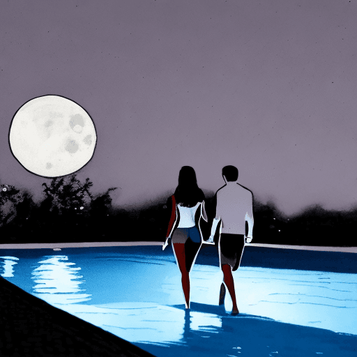 AI generated: young couple walking to a outdoor public swimming pool. its night. only light is the moon 