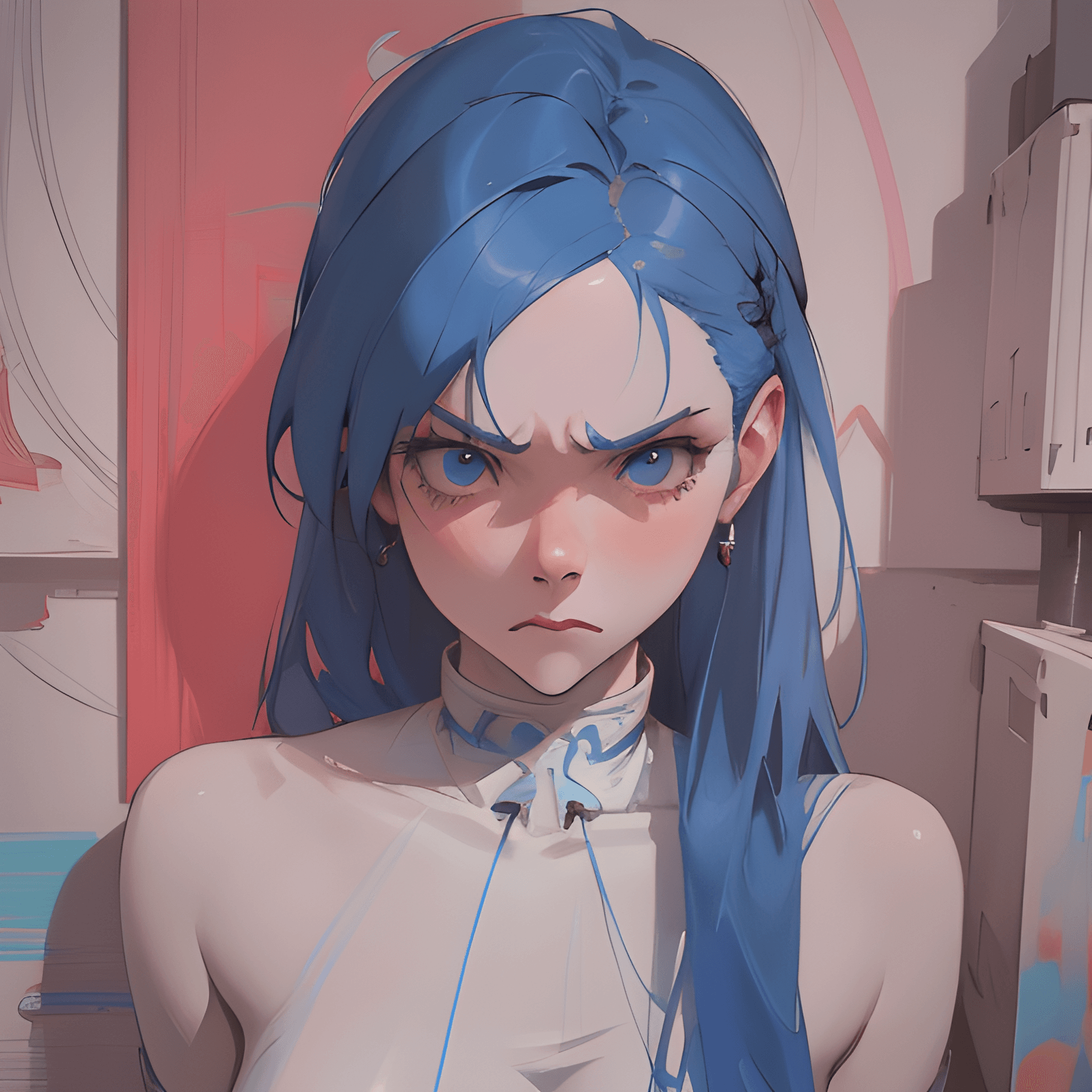 AI generated: a painting of a woman with blue hair, unreal engine highly rendered, trending on artstatioin, angry ...