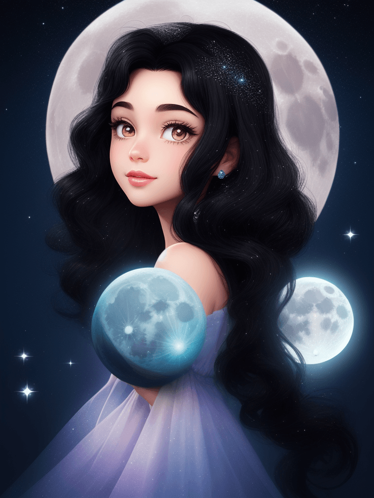 AI generated: black hair, disney style, cute, pretty, moon, bright background, fantasy, sparkle