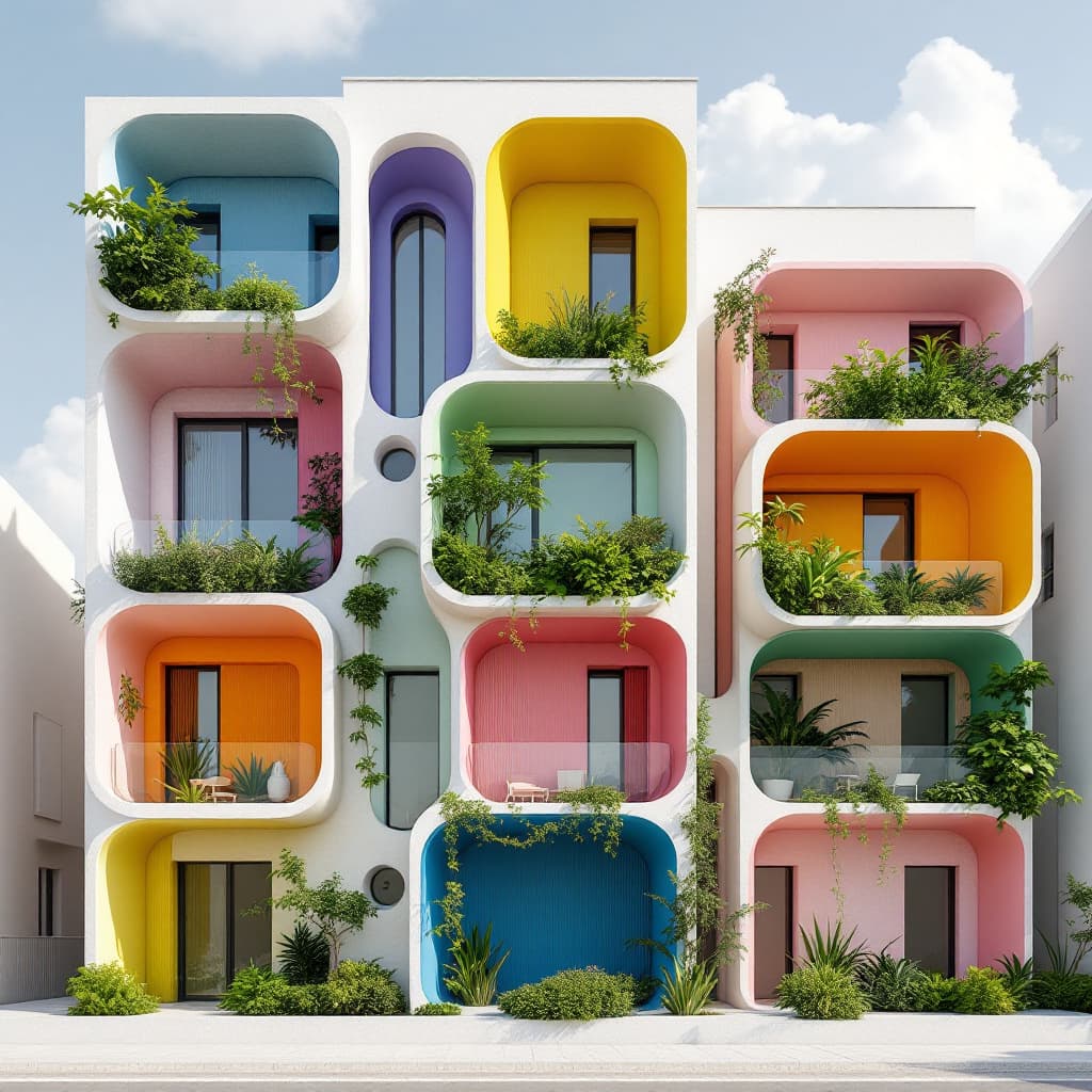 AI generated: An athenian block of buildings in Greece where there are vertical curved coloured panels forming dif...