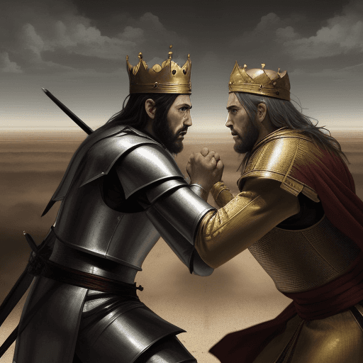 AI generated: two kings facing each other in the midst of battle.  