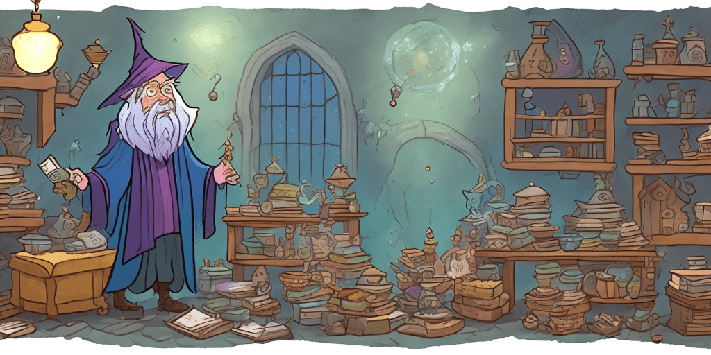 AI generated: illustrate a forgetful wizard surrounded by scattered spellbooks and misplaced potions. Craft an enc...