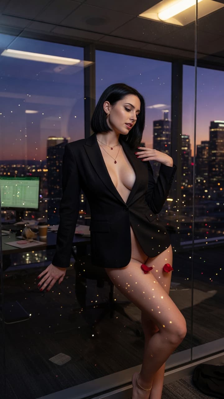AI generated: A raven-haired young female with a sleek, chin-length bob and hourglass figure stands provocatively ...