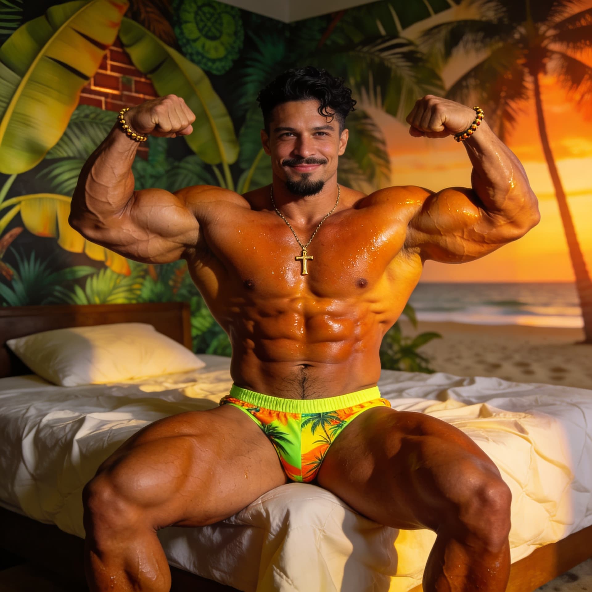 AI generated: Homme bodybuilder professionnel brésilien ultra-massif et esthétique d'environ 30-35 ans, torse nu h...