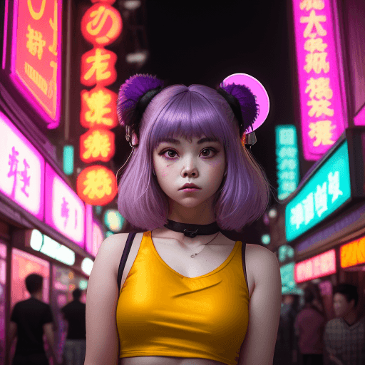 AI generated: a girl in a purple top in a neon city, in the style of chinapunk, iconic album covers, soft-focus po...