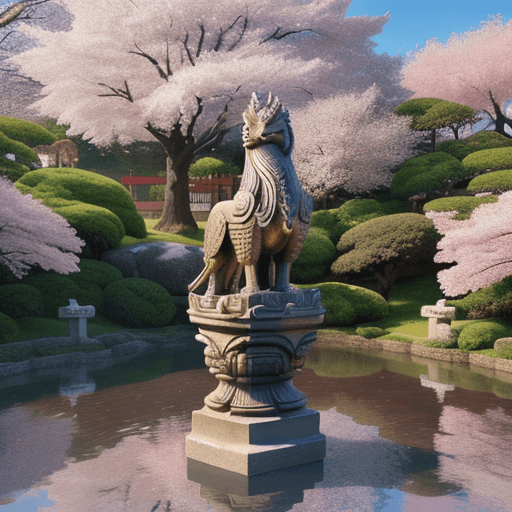 AI generated: the statue of a griffin, carved with Buddhist elements, in the center of a Japanese cherry blossom g...