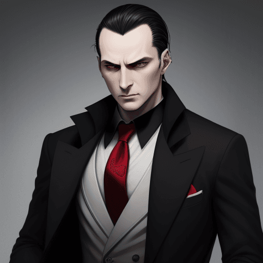 AI generated: mafia boss, 40 years old, 178 cm, pale skin, red eyes, short black hair with two strands of hair han...