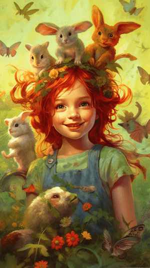 AI generated: a feathered headband on a joyful child face, curly red hair, in playful tulip-patterned t-shirt, ski...