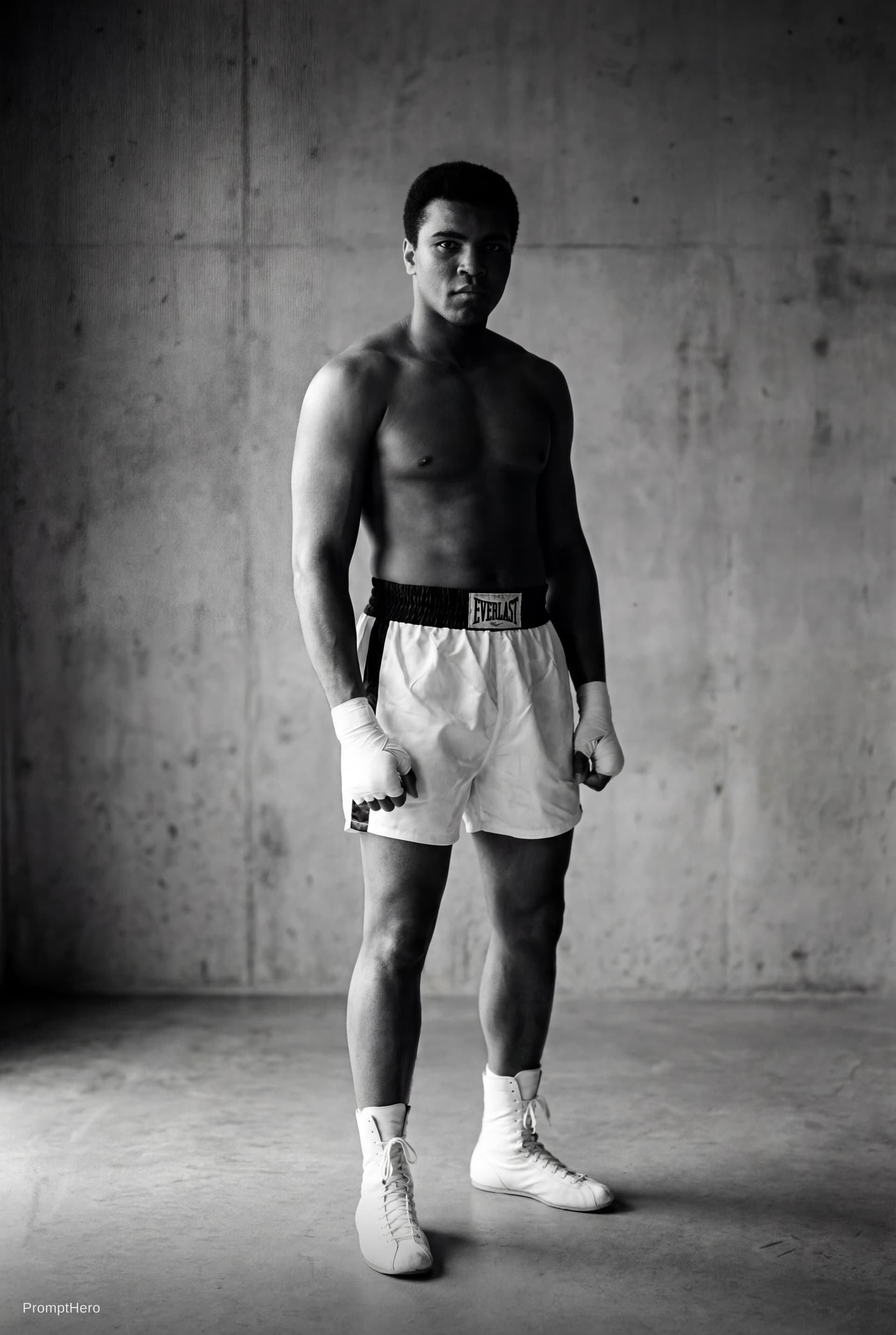 AI generated: Ultra-realistic black and white cinematic fullbody portrait of Muhammad Ali standing, side lighting,...