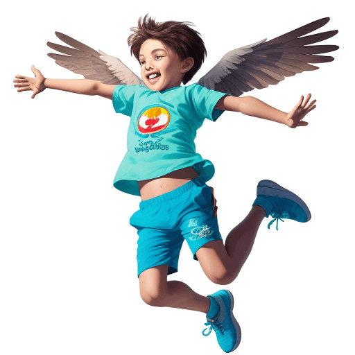 AI generated: FLY for Kids logo with a boy jumping, hands as wings, turquoise shorts