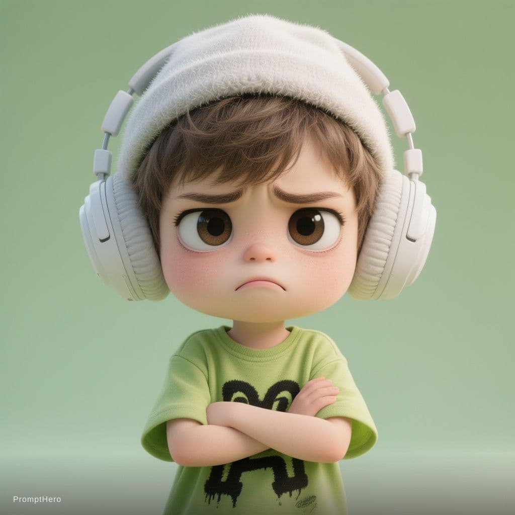 AI generated: A stylized 3D cartoon character of a young boy with big expressive eyes and a slightly sad, pouty ex...