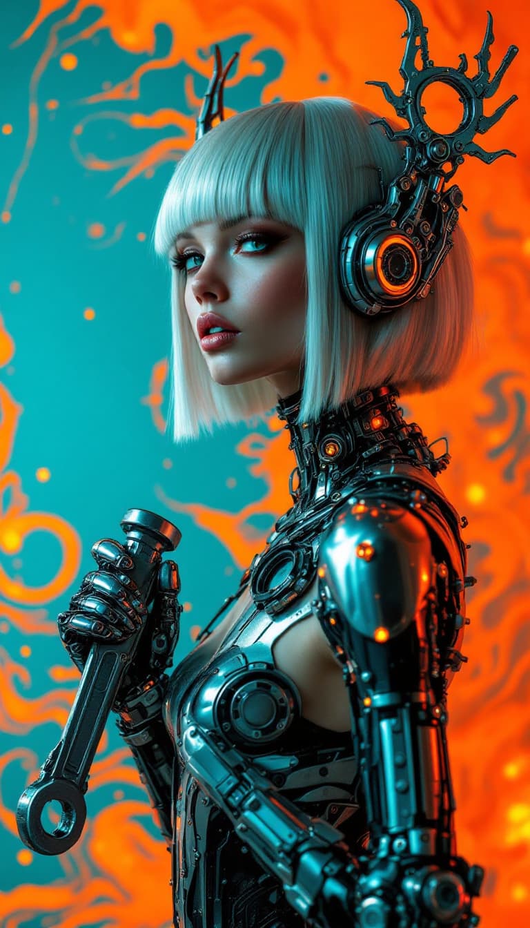 AI generated: "Mechanical Maiden in Electric Display": In a neo-photorealistic art style, a figure with intricate ...