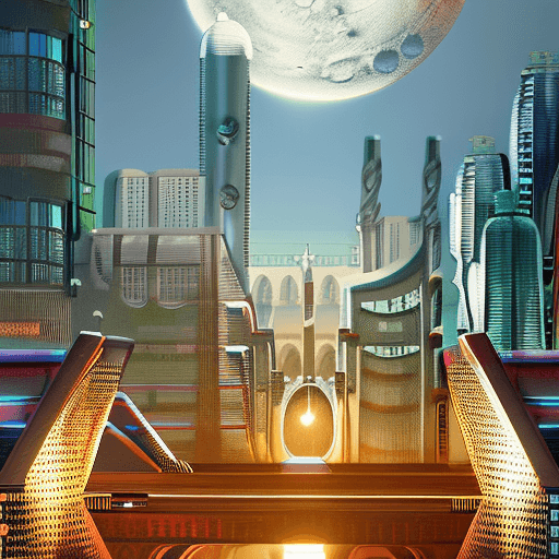 AI generated: Futuristic city with a giant moon in the background, a bridge leading it to another city, Chris Moor...