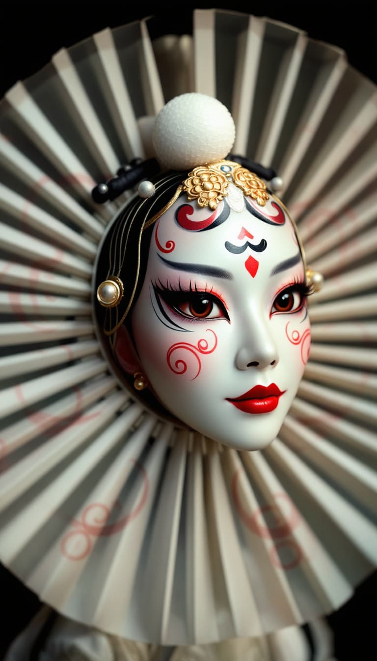 AI generated: One beauty is a Sichuan Opera face-changing master, graceful in posture, holding a delicate folding ...