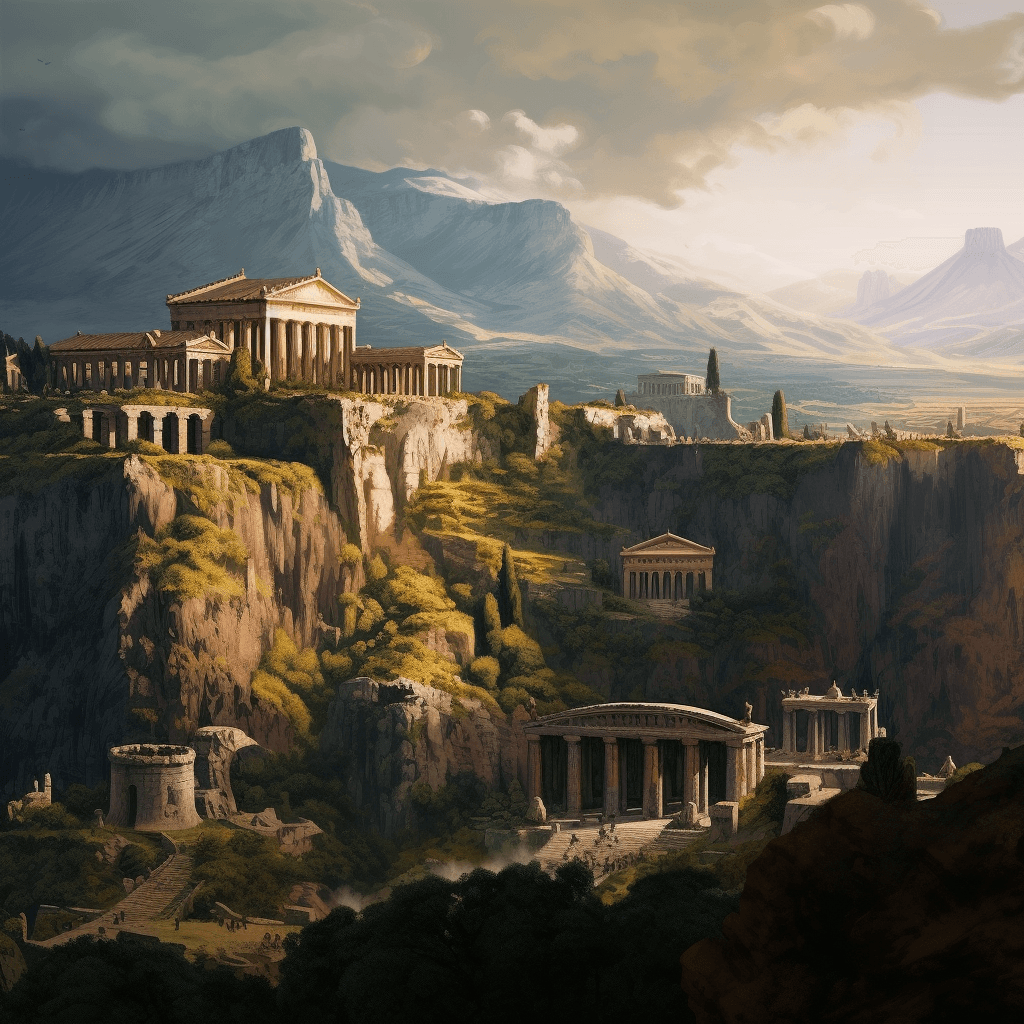 AI generated: roman buildings set against mountains, ultra-detailed, film photography, light leaks, trending on ar...