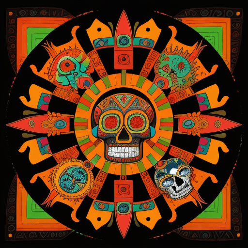 AI generated: The image displays a detailed and colorful artistic design that appears to be inspired by Aztec or M...