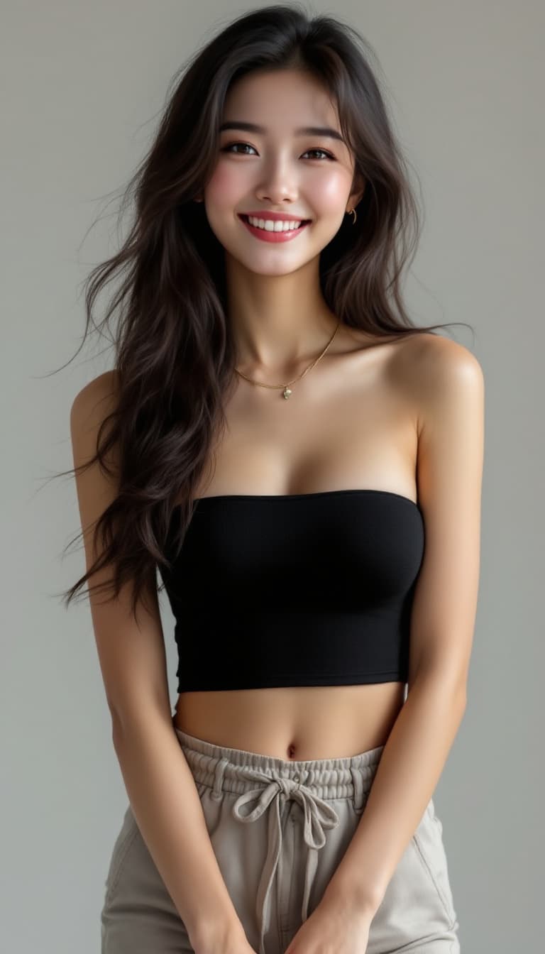 AI generated: east south asia, whole body, perfect face, perfect skin, flawless skin, smile, tube top, short pants...