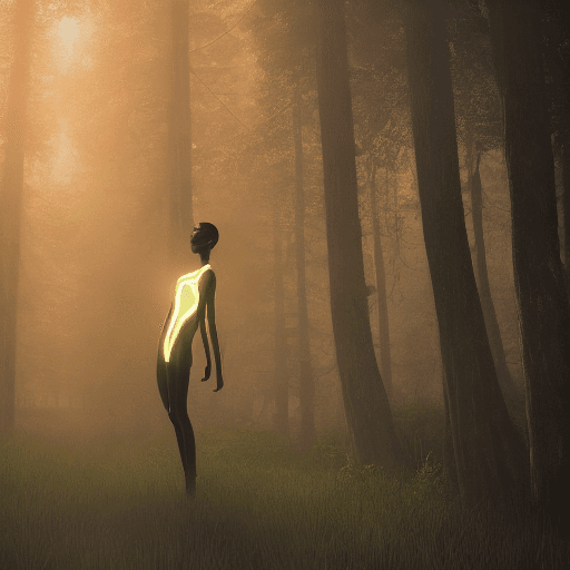 AI generated: black manikin lit with geometric neon dripping gold, forest in background, moody, dramatic, confiden...