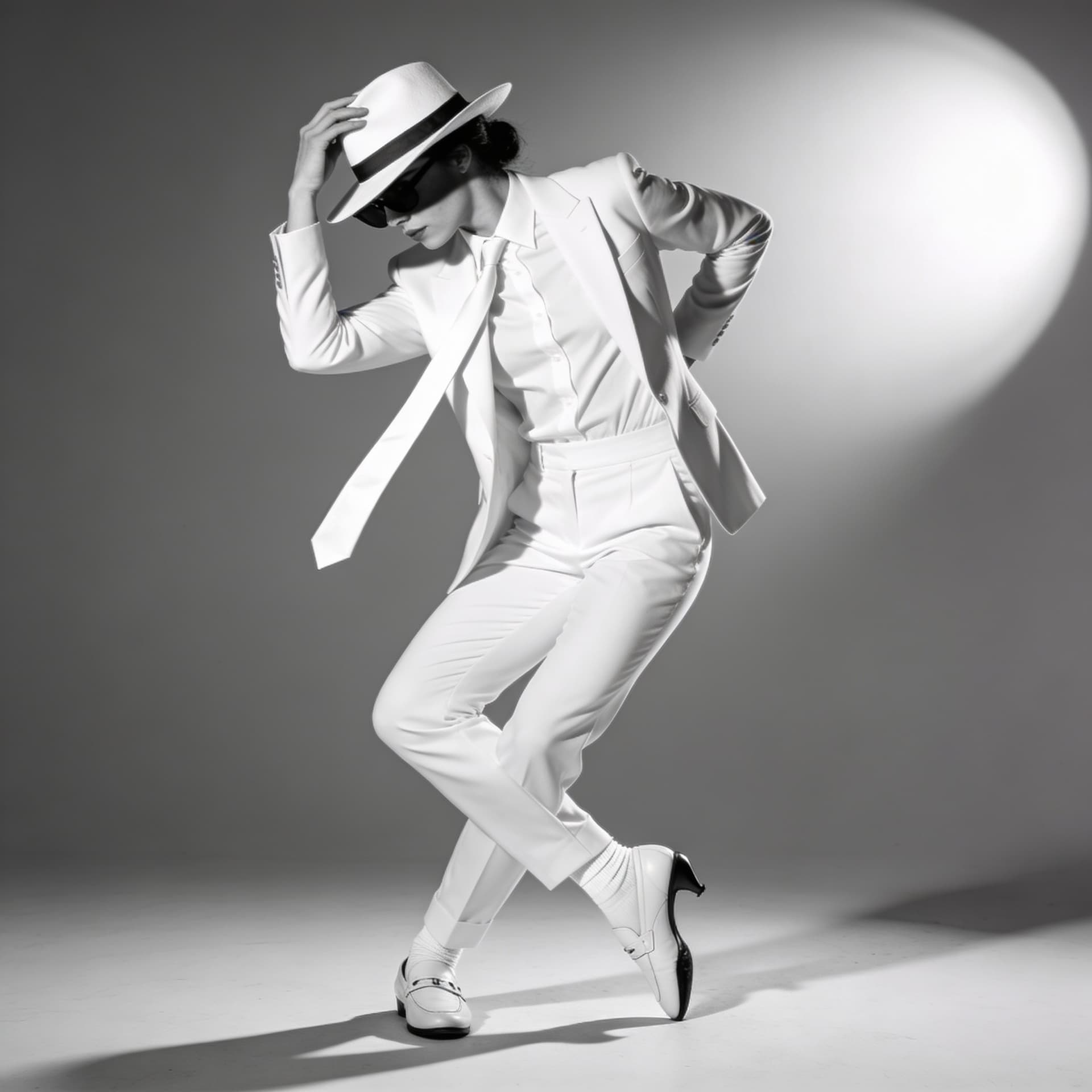 AI generated: Photorealistic black-and-white studio portrait, full-body female dancer in an all-white look: white ...