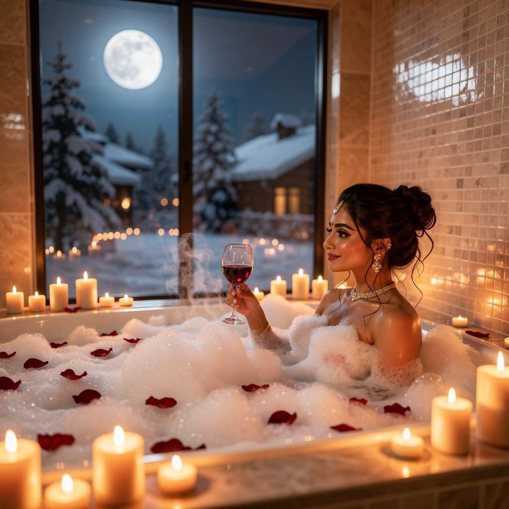 AI generated: Beautiful, mystique, bubble bath inside, candles, rose petals, luxurious Ambiente, big window in bac...