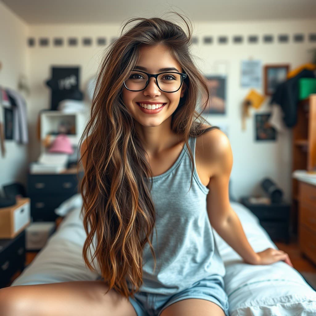 AI generated: iphone photo young college woman, long tousled brunette hair, no makeup, beautiful smile, lying on h...