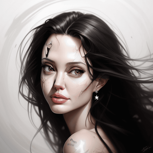 AI generated: portrait of a beautiful angelina jolie with dark wavy hair, summer blouse, dark tutu, hyper-realism,...