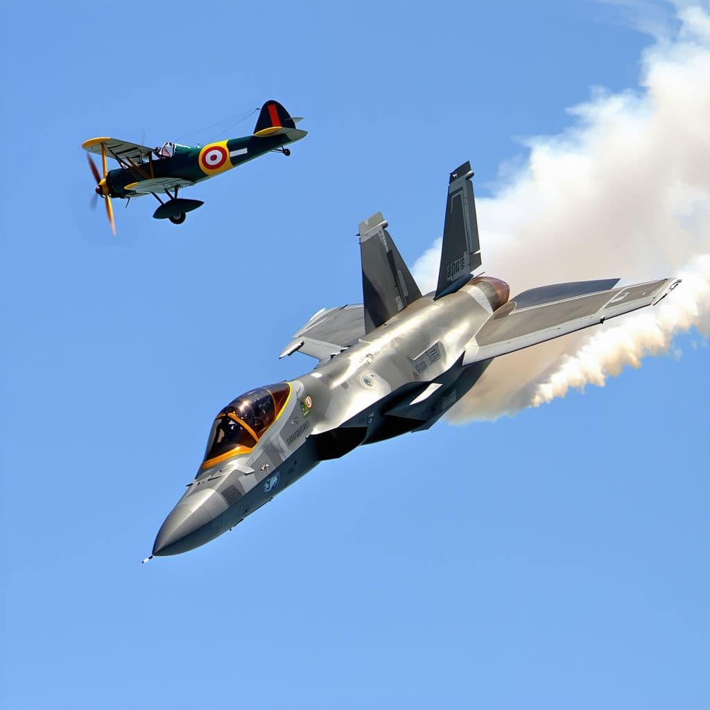 AI generated: An F-35 Fighter jet doing a roll at supersonic speed while being chased by a Fokker Tri-plane