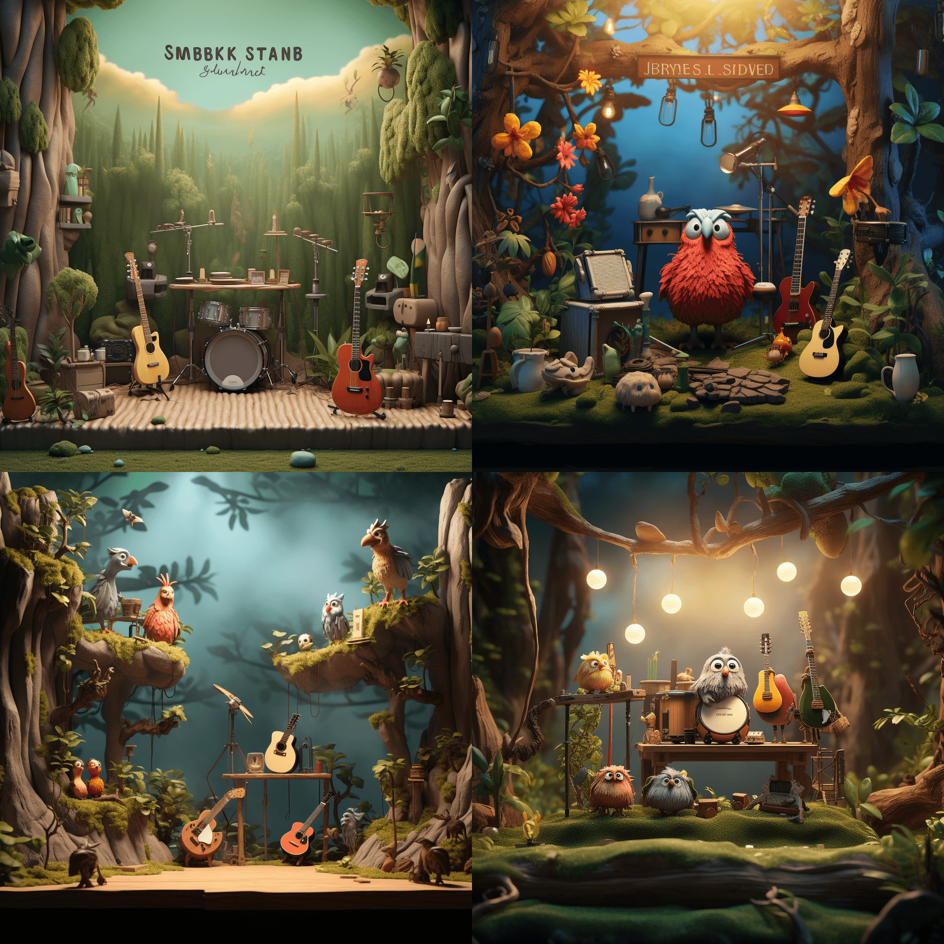 AI generated: A Claymation music stage with instruments on it, Forest in the background, little bird, uminous skie...
