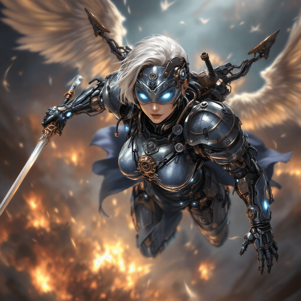 AI generated: 14. The Automaton Valkyrie: A unique and powerful warrior with short, platinum blonde hair, often st...